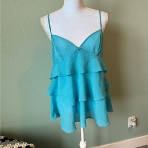 Y2K Teal Tiered Ruffle Sheer Tank Top Size M Summer
